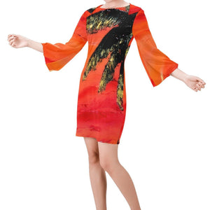 Orange Palm Tree Bell Sleeve Dress | JSFA - JSFA - Original Art On Fashion by Jenny Simon