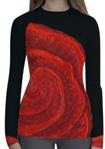 Women's Red Rose Bud Long Sleeve Shirt/ Rash Guard - JSFA - Original Art On Fashion by Jenny Simon