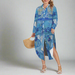 BLUE SWIRLS Swimsuit Cover Up Dress Blouse Botton Down Shirt | JSFA - JSFA Jenny Simon