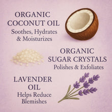 Load image into Gallery viewer, JSFA Pamper Sugar Scrub, Coconut Lavender, All Natural Exfoliant, Moisturizer for Dry Skin, Fine Lines, USA Made - JSFA Jenny Simon