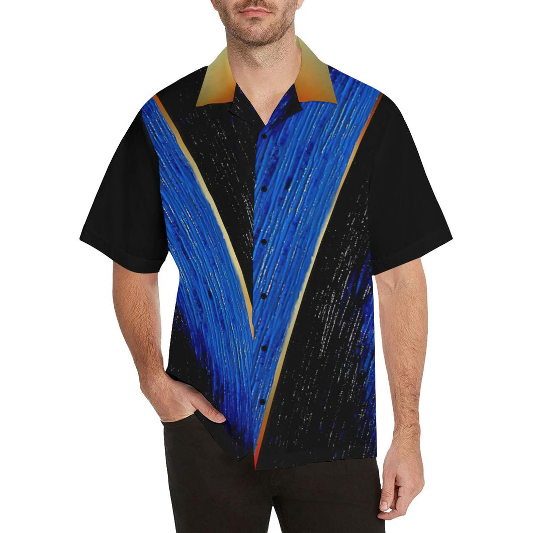 Blue Gold V Stripe Hawaiian Shirt Black Sleeves | JSFA - JSFA - Original Art On Fashion by Jenny Simon
