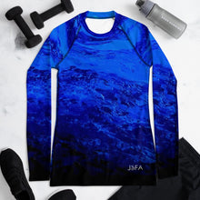 Load image into Gallery viewer, Blue Secret Long Sleeve Shirt/ Rash Guard - JSFA - Original Art On Fashion by Jenny Simon