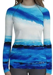 Blue White Spellbound Long Sleeve Shirt/ Rash Guard - JSFA - Original Art On Fashion by Jenny Simon