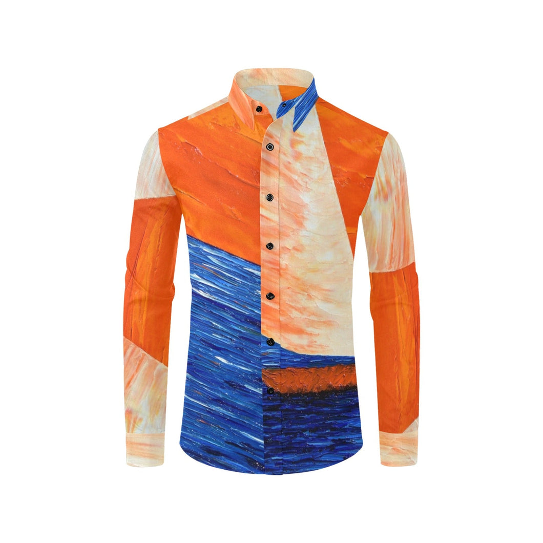 Orange Blue Sail Away Long Sleeve Men's Shirt | JSFA - JSFA - Original Art On Fashion by Jenny Simon