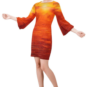 Orange Sunset Bell Sleeve Dress | JSFA - JSFA - Original Art On Fashion by Jenny Simon