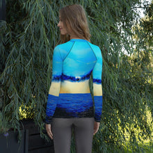 Load image into Gallery viewer, Rebirth Blue Yellow Long Sleeve Shirt/ Rash Guard - JSFA - Original Art On Fashion by Jenny Simon