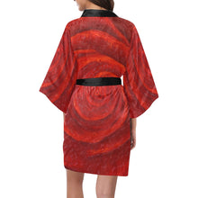 Load image into Gallery viewer, Red Rose Black Trim Satin Kimono Robe | JSFA - JSFA - Art On Fashion by Jenny Simon