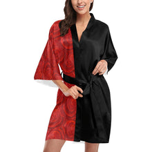 Load image into Gallery viewer, Red Rose Bud &amp; Black Satin Kimono Robe | JSFA - JSFA - Art On Fashion by Jenny Simon