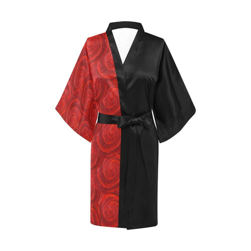 Red Rose Bud & Black Satin Kimono Robe | JSFA - JSFA - Art On Fashion by Jenny Simon