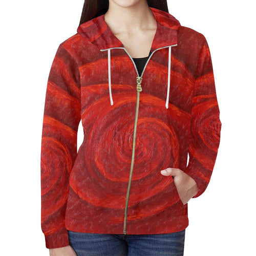 Red Rose Women's Zip Up Hoodie Jacket | JSFA - JSFA - Original Art On Fashion by Jenny Simon