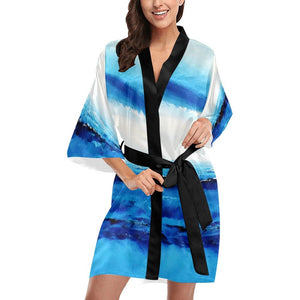 Spellbound Blue White Women's Short Charmeuse Kimono Robe | JSFA - JSFA - Art On Fashion by Jenny Simon