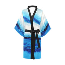 Load image into Gallery viewer, Spellbound Blue White Women&#39;s Short Charmeuse Kimono Robe | JSFA - JSFA - Art On Fashion by Jenny Simon