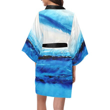 Load image into Gallery viewer, Spellbound Blue White Women&#39;s Short Charmeuse Kimono Robe | JSFA - JSFA - Art On Fashion by Jenny Simon