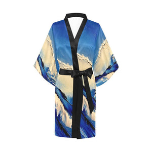 White Wave Women's Short Kimono Robe - JSFA - Art On Fashion by Jenny Simon