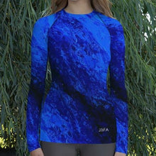 Load image into Gallery viewer, Women&#39;s Blue Secret Long Sleeve Shirt/ Rash Guard - JSFA - Original Art On Fashion by Jenny Simon