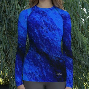 Women's Blue Secret Long Sleeve Shirt/ Rash Guard - JSFA - Original Art On Fashion by Jenny Simon