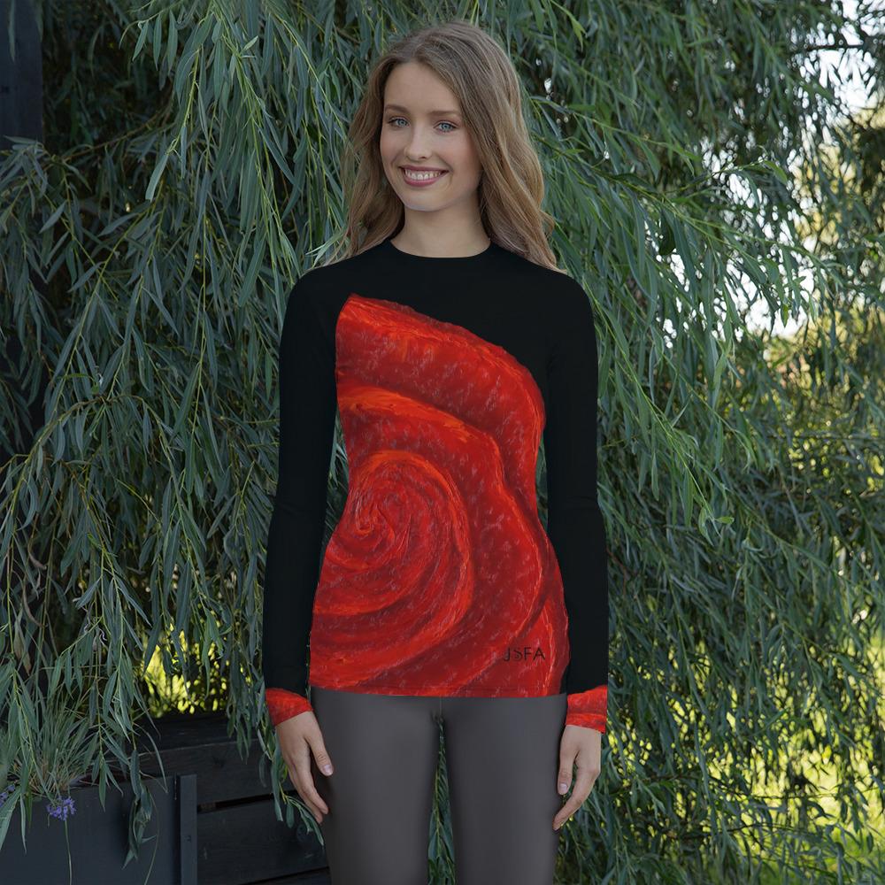 Women's Red Rose Bud Long Sleeve Shirt/ Rash Guard - JSFA - Original Art On Fashion by Jenny Simon